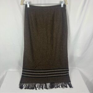 Requirements Vintage Wool Blend Brown Fringe-Hem Maxi Skirt